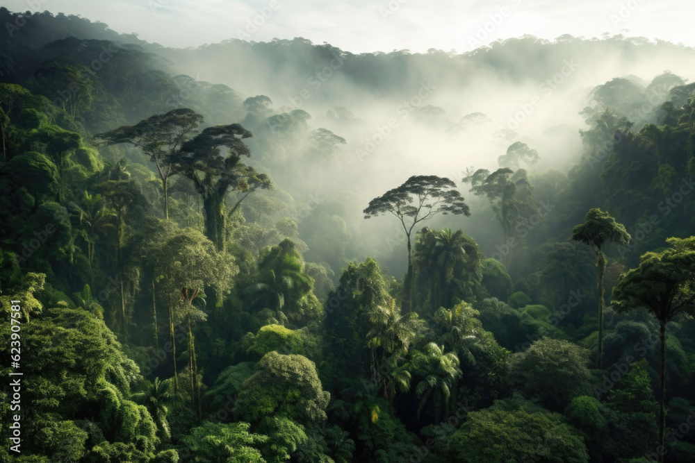 Rainforest landscape with trees and fog. Climate change and renewable energy. Generative AI