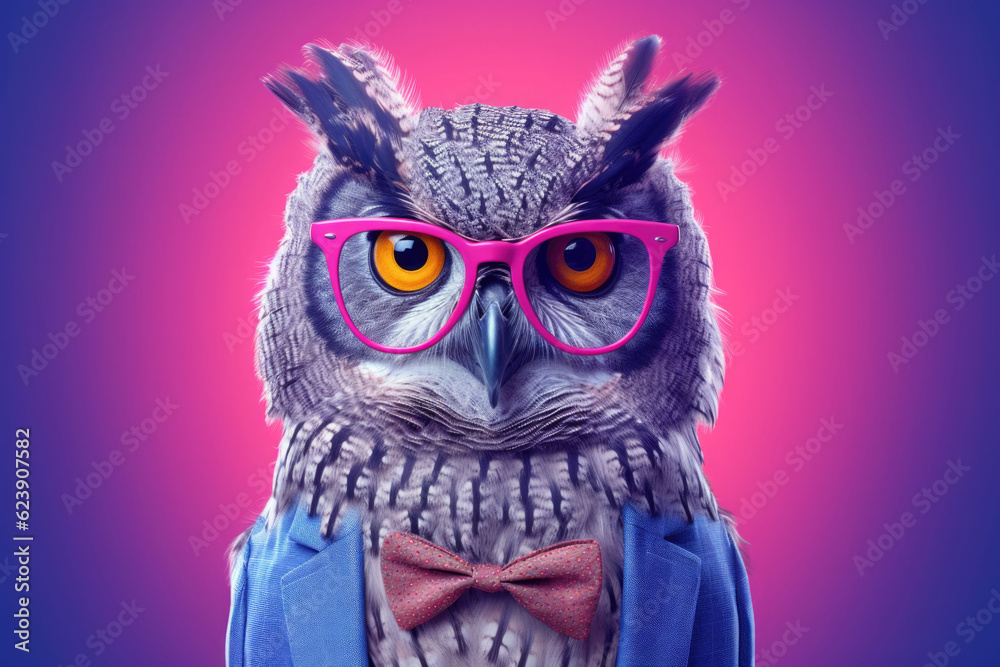 Portrait of intelligent owl wearing a pair of glasses and a tie. Bright colors. Generative AI Portrait of intelligent owl wearing a pair of glasses and a tie. Bright colors. Generative AI