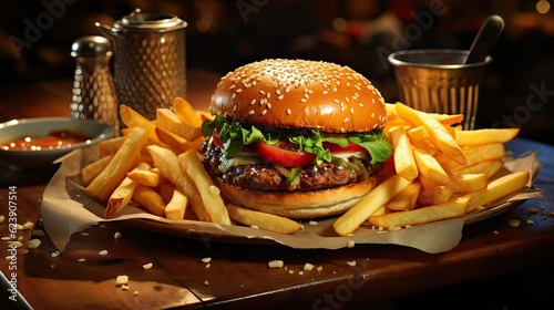Gourmet Delight: Close-Up of an Irresistible American Hamburger with Crispy Fries and Savory Sauce, Perfect for Elite Restaurant Menus.