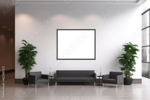 Advertising billboard frame on wall in office lobby copy space for mock up template. Generative AI