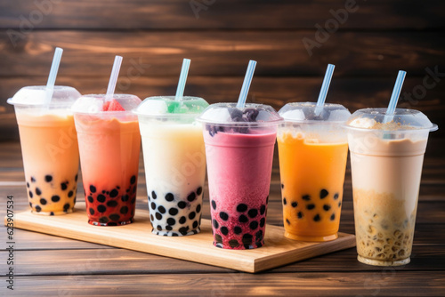 Plastic cups of different tasty bubble tea. Row of fresh boba bubble tea glasses. Generative AI