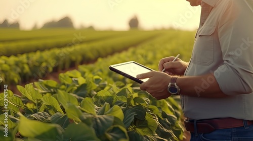 Modern Technology in Agriculture: Agronomist Utilizing Tablet for Agricultural Analysis. photo