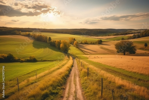 Summer landscape at sunset. Farm  agricultural fields  countryside  country road. Generative AI