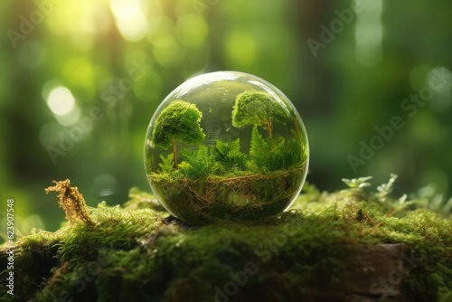 Crystal ball with plants on moss in forest environmental. Earth day concept. Generative AI