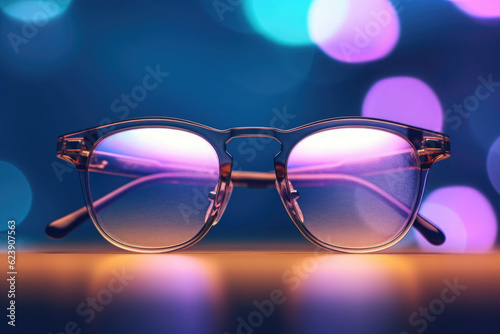 Eyeglasses with bokeh in the background. Selection of glasses for vision concept. Generative AI © barmaleeva