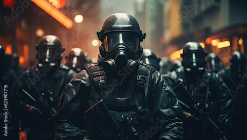 Obraz na płótnie Masked lined up armored Riot Police on the streets.