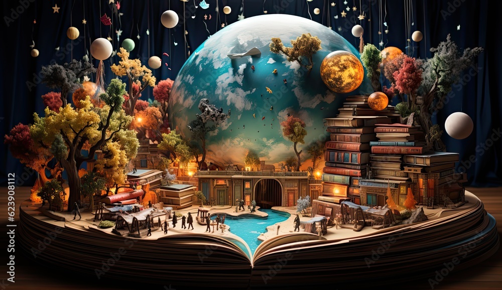 Fantasy world inside of the book. Concept of education imagination and creativity from reading books.  - obrazy, fototapety, plakaty 