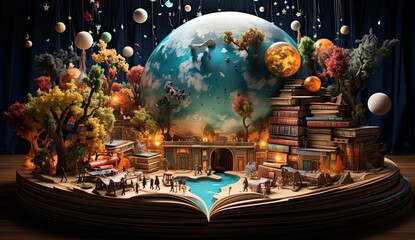 Fantasy world inside of the book. Concept of education imagination and creativity from reading books. 