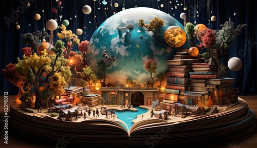 Fantasy world inside of the book. Concept of education imagination and creativity from reading books.  photo