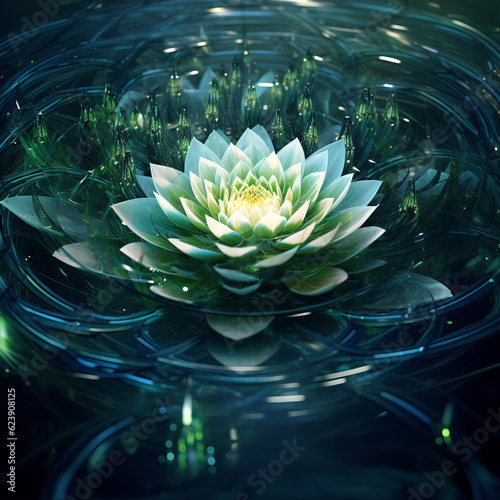  An AI-generated illustration of a lotus flower blooming gracefully by a serene, clear lake. A sense of peace, meditation, and inner harmony, experience the beauty of spiritual growth and renewal. © Guttersnipe