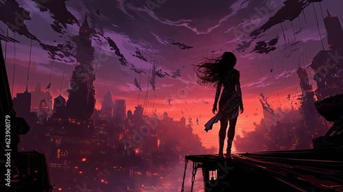 Girl on the odge of the skyscraper over the futuristic city at night. Digital anime artwork. 