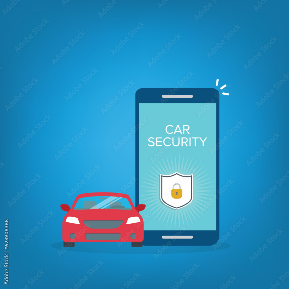 Naklejka premium Car security system. Automobile alarm concept. App for alarm auto on screen phone. Inclusion of the protection through smartphone. Vector illustration in flat style. 