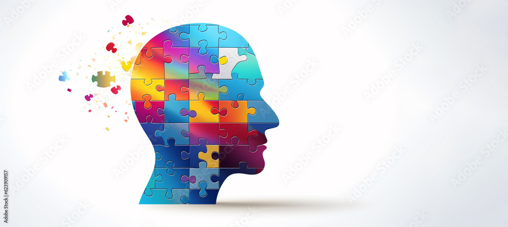 Human head profile and jigsaw puzzle, cognitive psychology or psychotherapy concept, mental health, brain problem, personality disorder, vector line design, Created using generative AI tools. - obrazy, fototapety, plakaty 