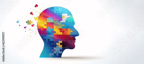 Foto Human head profile and jigsaw puzzle, cognitive psychology or psychotherapy concept, mental health, brain problem, personality disorder, vector line design, Created using generative AI tools