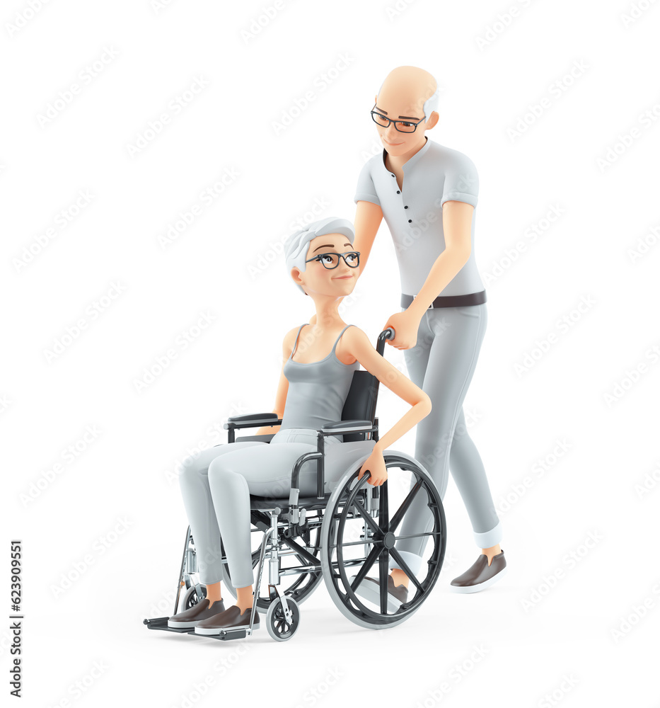 3d senior man pushing woman in wheelchair