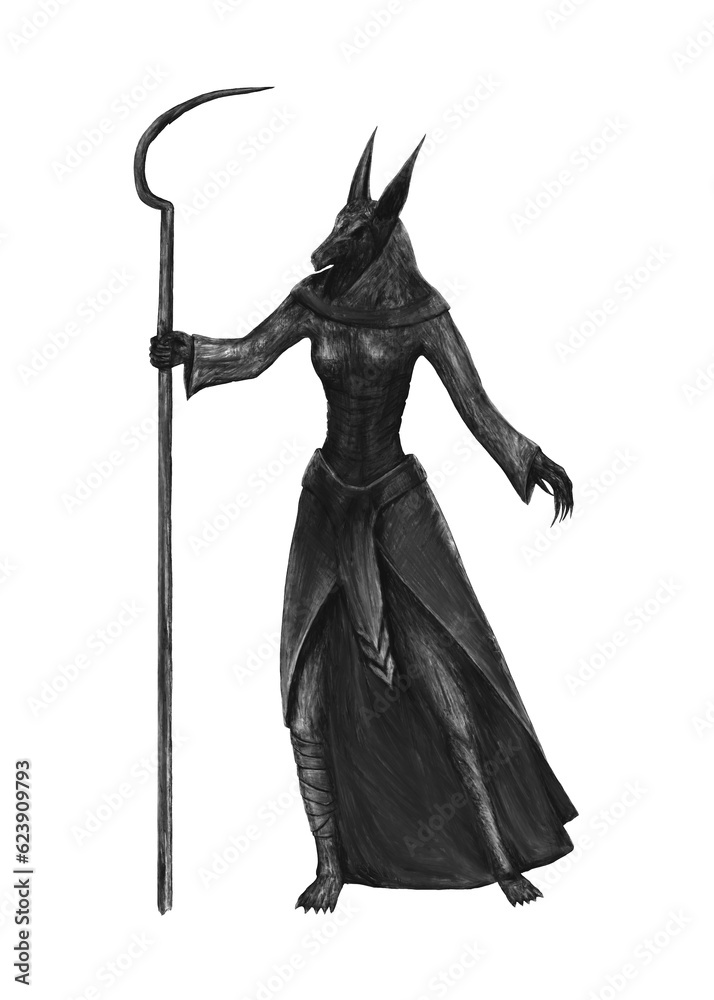 Servant of Anubis, game character concept, black and white sketch