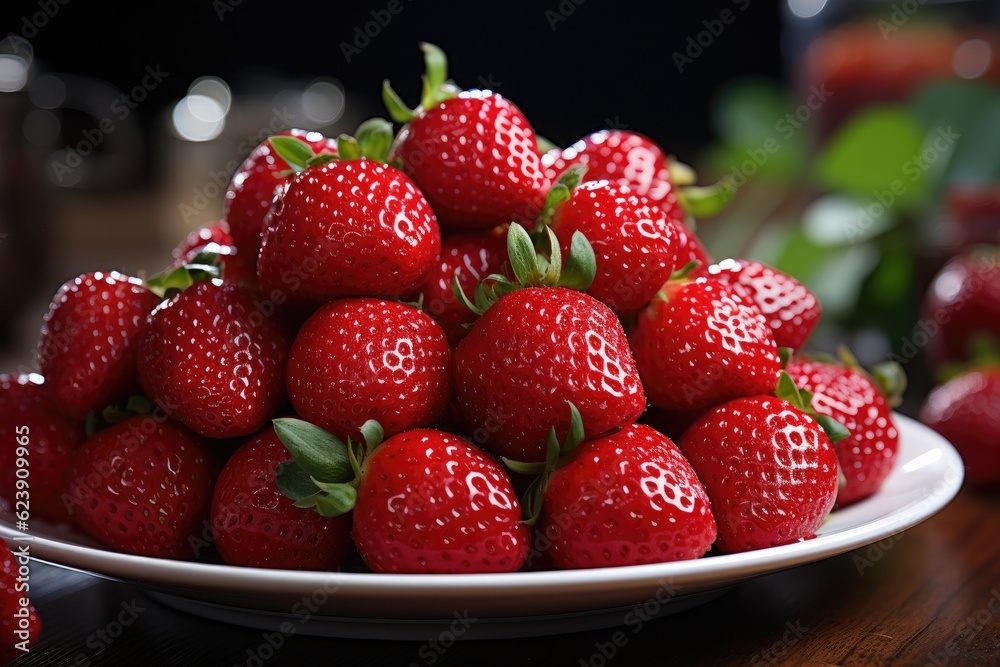 Close - up shot, perfectly ripe strawberries on a white plate Close - up shot, perfectly ripe strawberries on a white plate