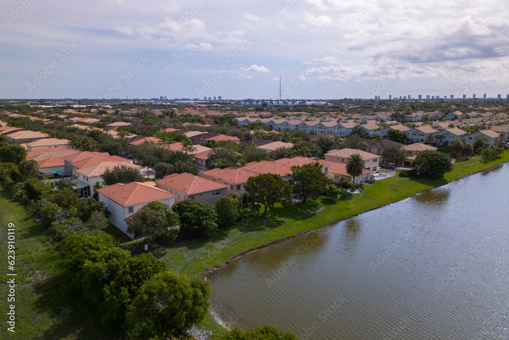 neighborhood with pond in Florida. aerial view 