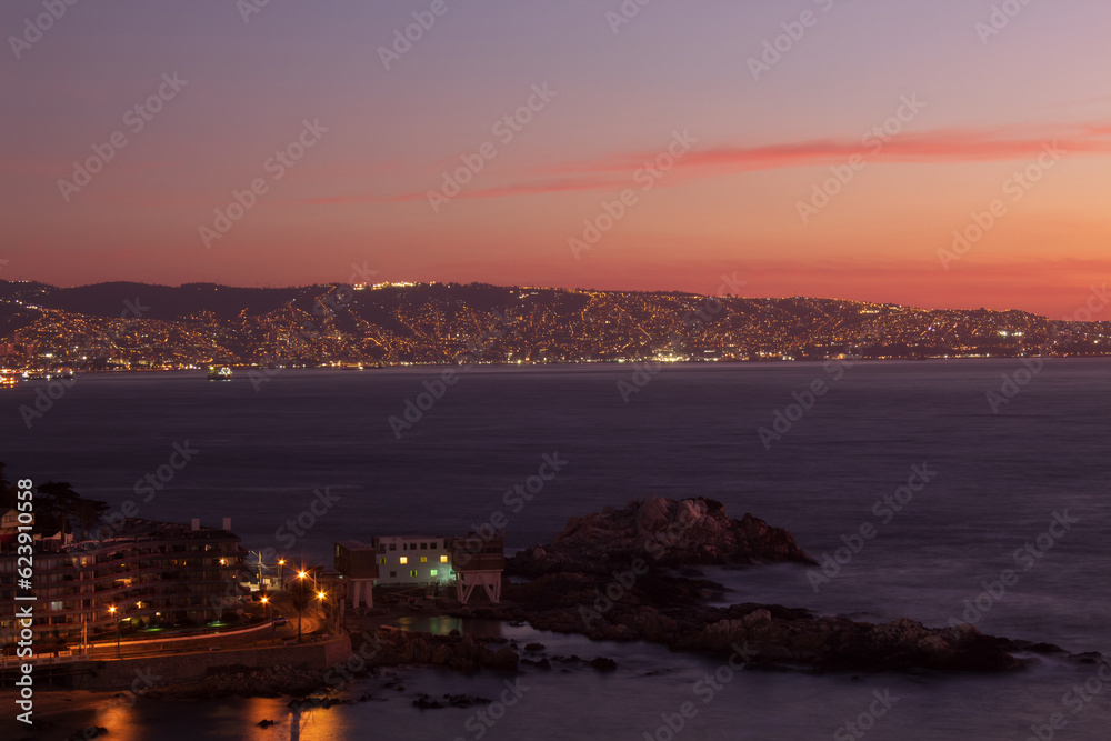 city skyline at sunset Vina del Mar, Valparaiso, Chile