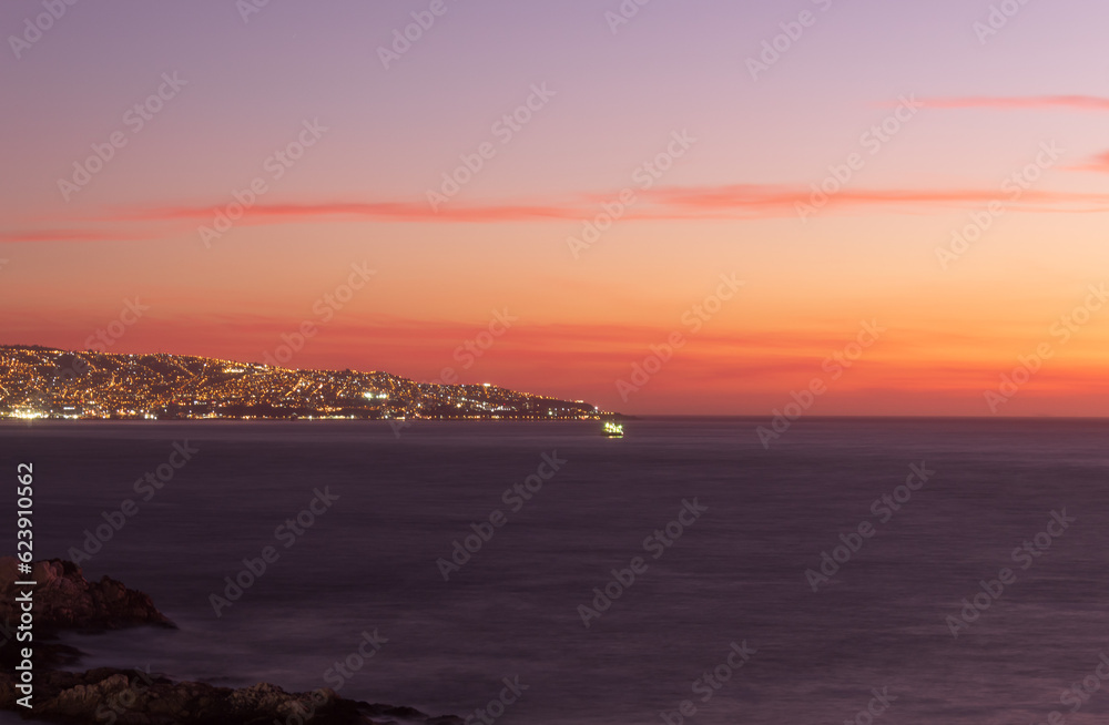 sunset over the sea Vina del Mar, Valparaiso, Chile