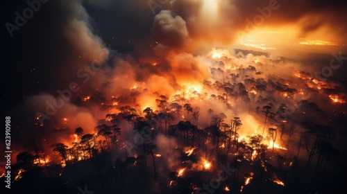 High - angle wide shot, taken from a helicopter, of a raging forest fire © Mustafa