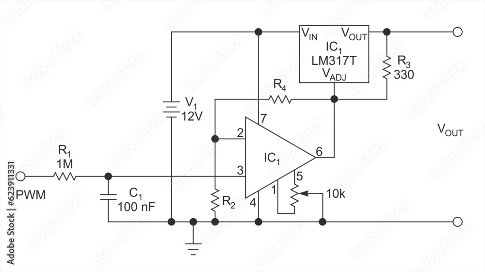 Vector drawing electrical circuit with operational 
amplifier, capacitor, integrated circuit, power supply 
and resistor. Schematic diagram of electronic device.