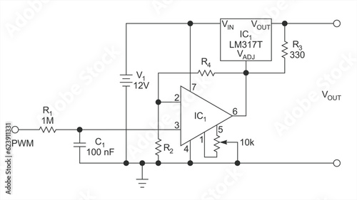 Vector drawing electrical circuit with operational amplifier, capacitor, integrated circuit, power supply and resistor. Schematic diagram of electronic device.