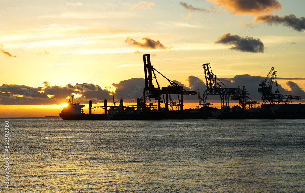 Harbor crane with Cargo Ship,evening at Osaka Bay, Cargo Ship,Harbor crane
