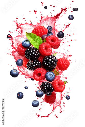 Print op canvas Falling fresh ripe wild berries. Generative ai