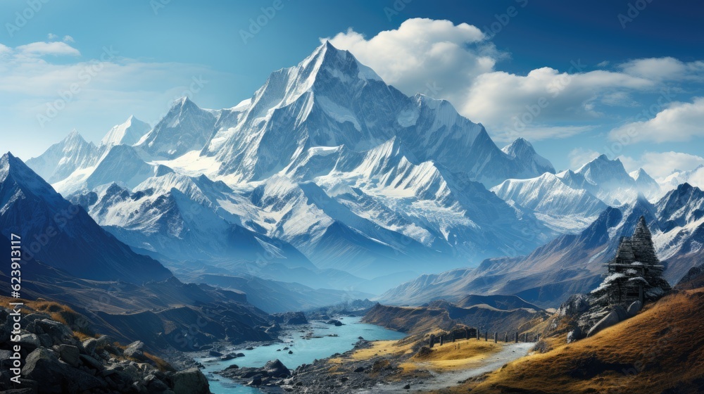 A snow capped mountain range in the Himalayas.