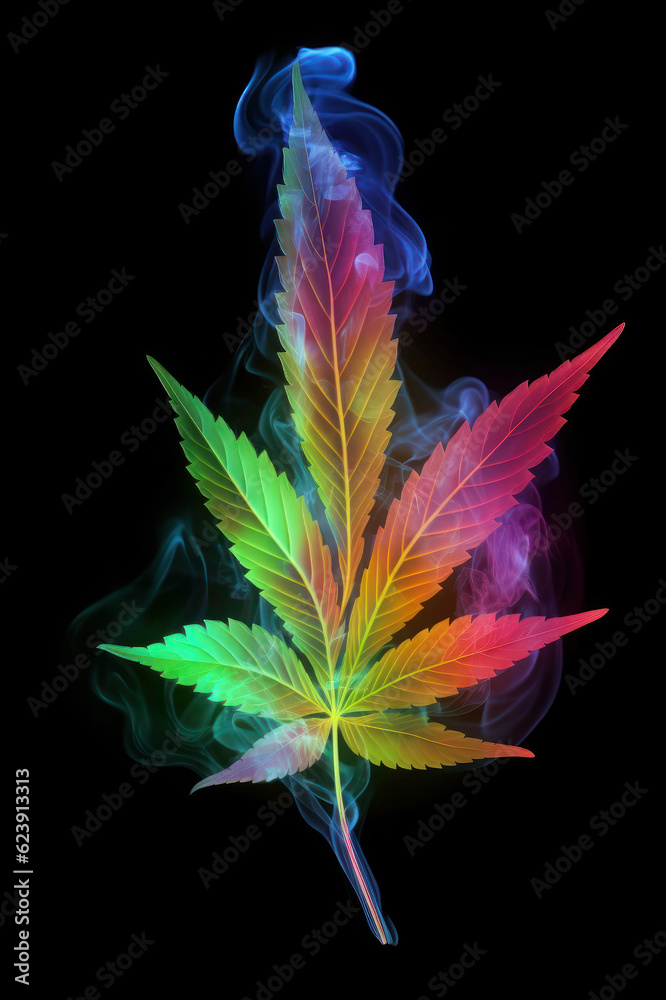 Obraz premium Purple green marijuana plant on black background. Colored neon large leaves of cannabis hemp and smoke. smoke drug. ai