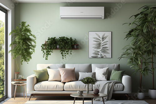 Elevating comfort, Mockup of split unit AC purifier enhances stylish living room Generative AI photo