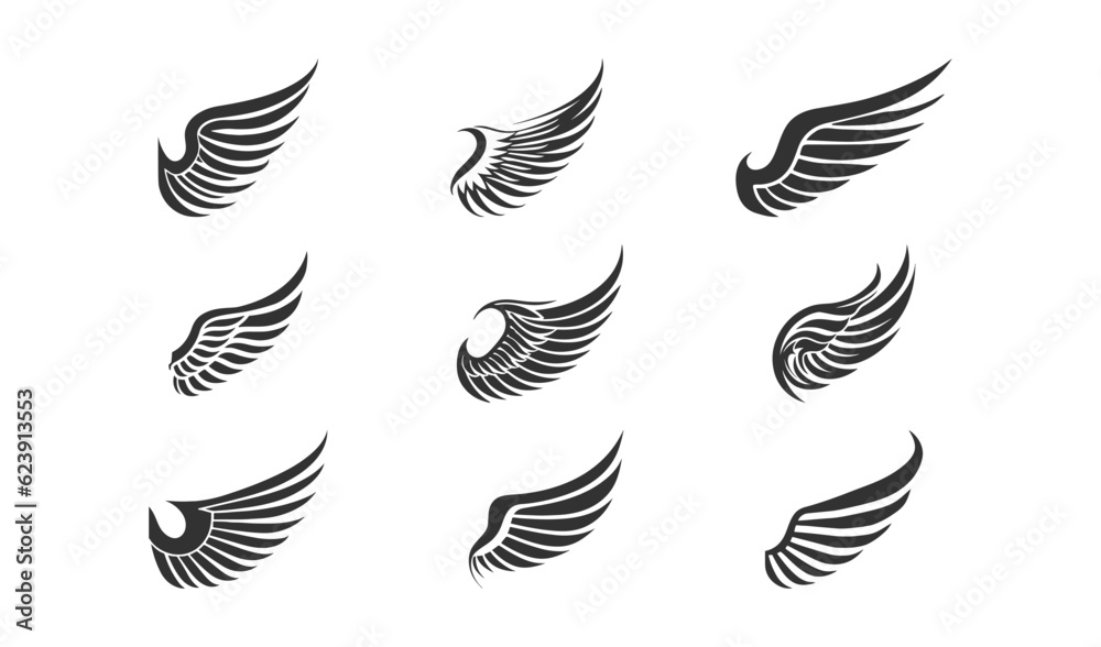 Wing icon. Angel signs. Bird symbol. Eagle emblem symbols. Feather, dove, freedom icons. Black color. Vector sign. Wing icon. Angel signs. Bird symbol. Eagle emblem symbols. Feather, dove, freedom icons. Black color. Vector sign.