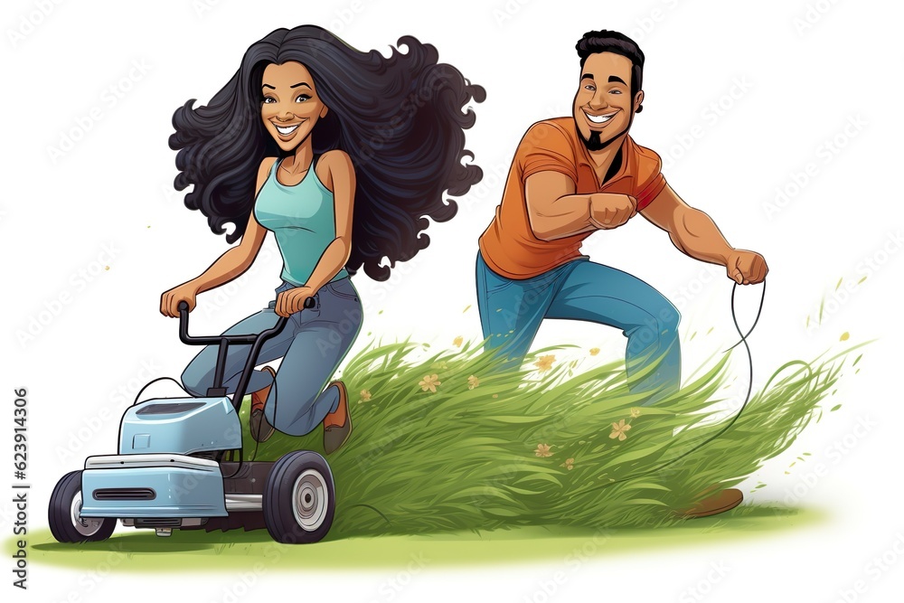 a man and a latina woman both mowing a lawn | Generative AI