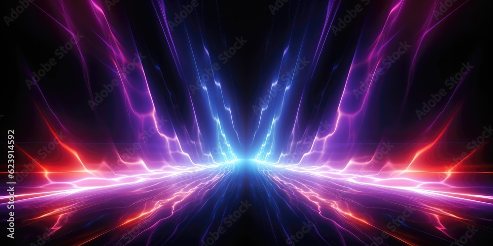 Fototapeta premium Glowing neon lights dance against a dark backdrop, producing an electrifying and vibrant texture background. Generative AI