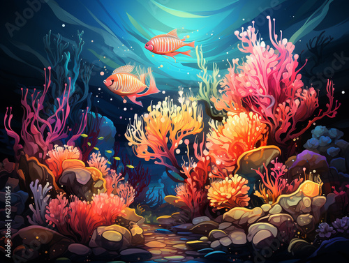 Illustration of colorful corals with underwater life around them. The sunlight from above colors the coral well and creates shadows on the seabed.