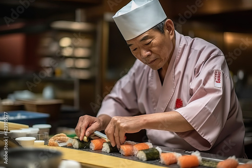 Photo of a oriental chef preparing sushi in a traditional Japanese restaurant kitchen