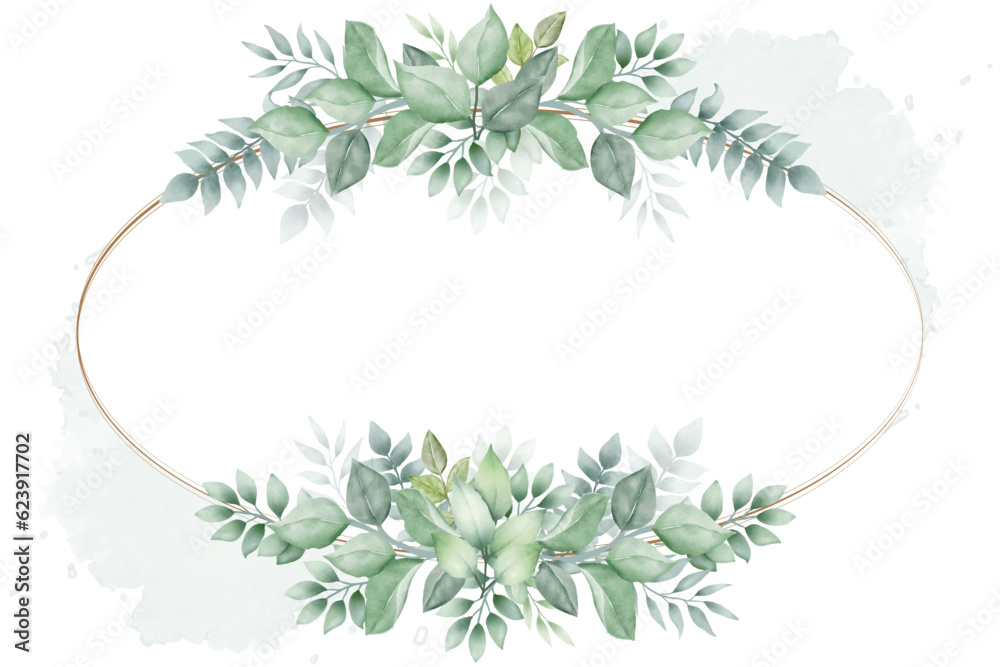 watercolor green leaves wreath with gold circle