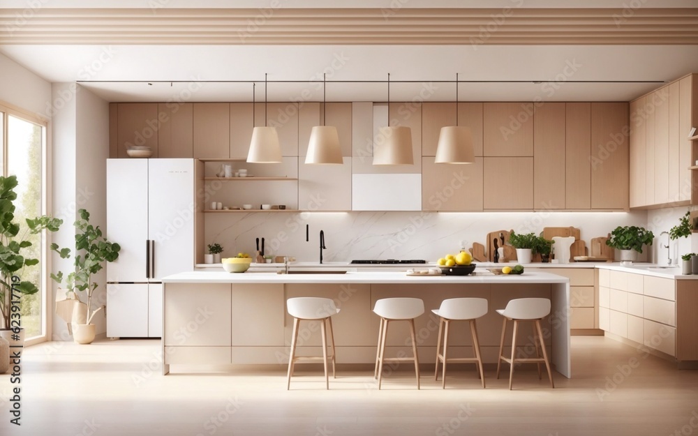 an amazing kitchen with mind-blowing ideas. Illustration in a minimalist style inspired by Scandinavian design. The illustration showcases a spacious kitchen with a focus on 1, generated ai