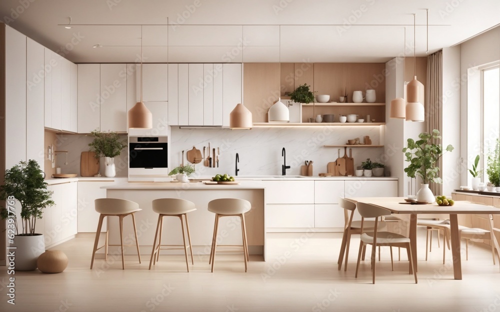 an amazing kitchen with mind-blowing ideas. Illustration in a minimalist style inspired by Scandinavian design. The illustration showcases a spacious kitchen with a focus on 8, generated ai an amazing kitchen with mind-blowing ideas. Illustration in a minimalist style inspired by Scandinavian design. The illustration showcases a spacious kitchen with a focus on 8, generated ai