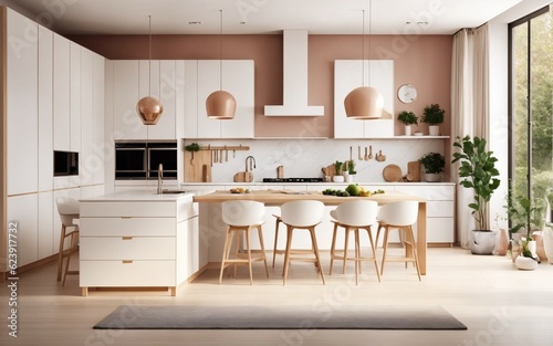 an amazing kitchen with mind-blowing ideas. Illustration in a minimalist style inspired by Scandinavian design. The illustration showcases a spacious kitchen with a focus on 4  generated ai