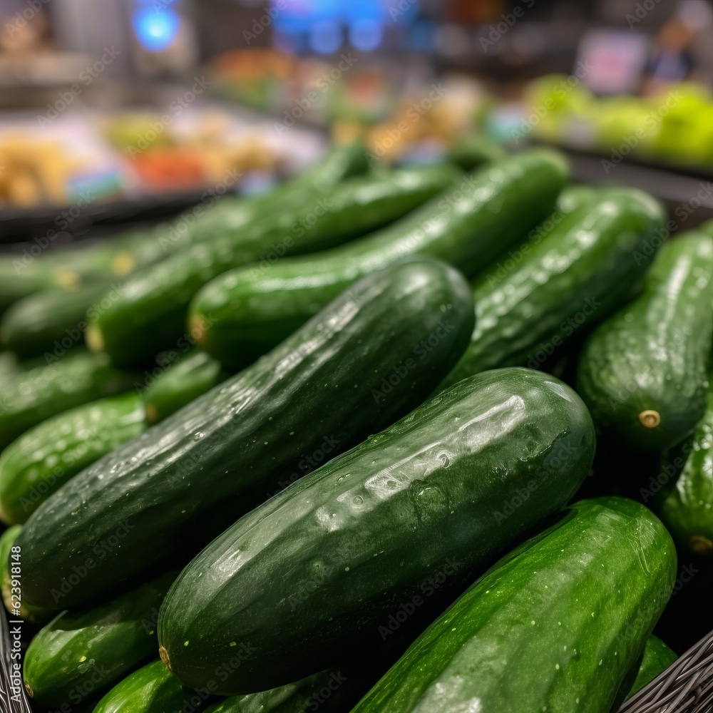 Fresh cucumbers on the counter display. Product for salads, low-calorie tasty vegetable for a healthy snack. Generative AI
Fresh cucumbers on the counter display. Product for salads, low-calorie tasty vegetable for a healthy snack. Generative AI