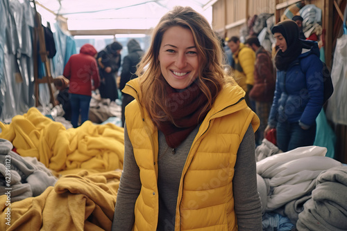 Photo of a volunteer helping in a refugee camp by organizing clothes for those in need photo