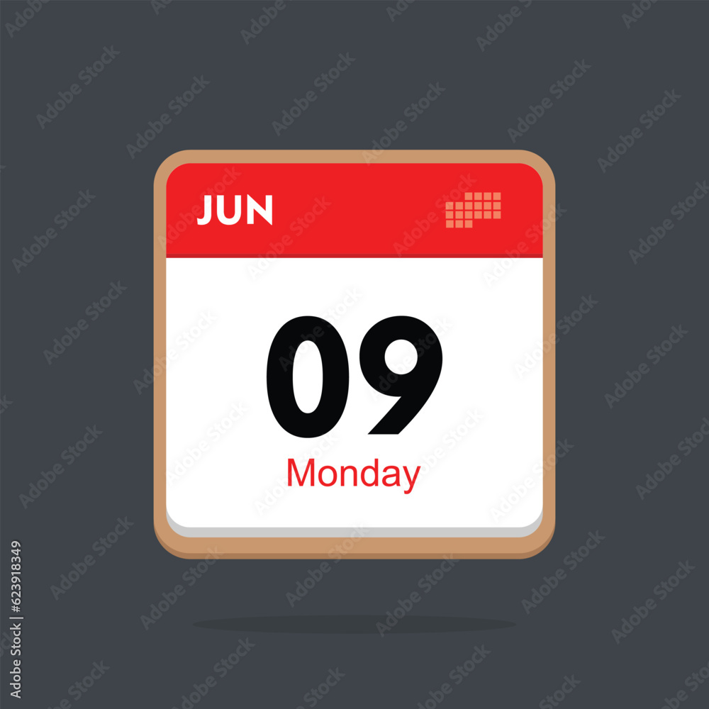 monday 09 june icon with black background, calender icon	