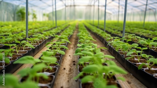 Cucumber seedlings in a greenhouse. production of Salad Products, a low-calorie tasty vegetable for a healthy snack. Generative AI