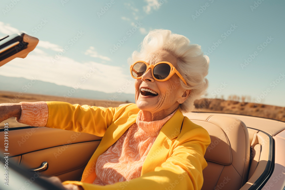 elderly woman in convertible old lady driving car happy retirement 
