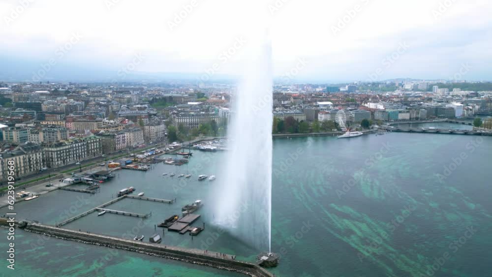 Famous fountain on Lake Leman in Geneva - aerial view by drone Famous fountain on Lake Leman in Geneva - aerial view by drone