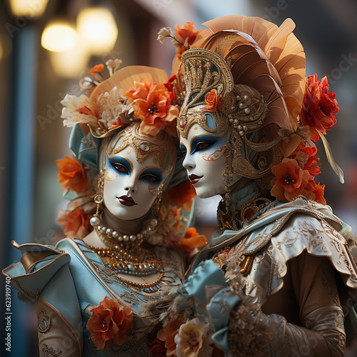 wonderful Venetian-style masks parade through the narrow streets of the city Generative AI