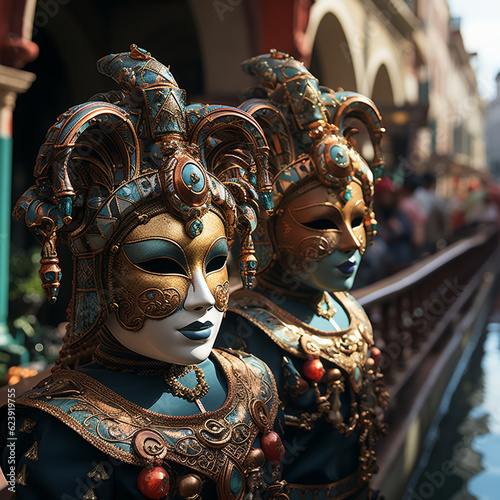 wonderful Venetian-style masks parade through the narrow streets of the city Generative AI © EcoPim-studio