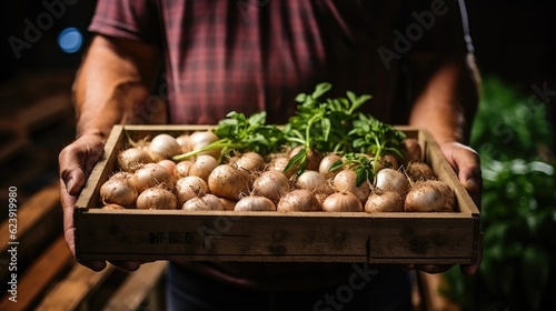 a man's hands holding a wooden box with onions